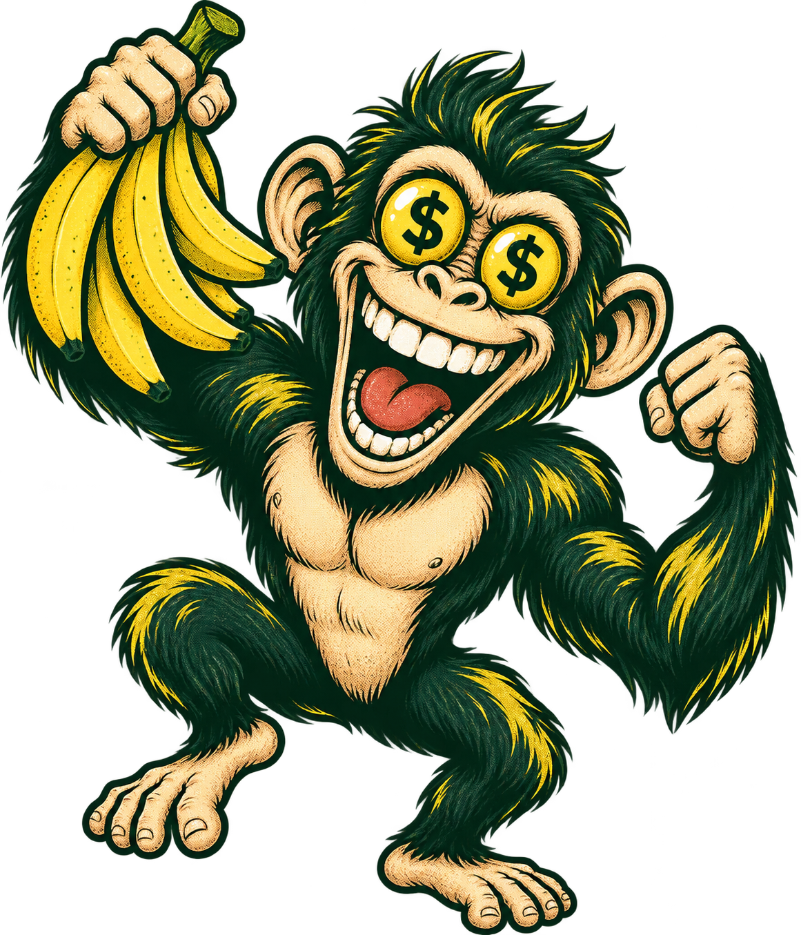 Our ecstatic chimp mascot, grinning with dollar-sign eyes and clutching a bunch of bananas.